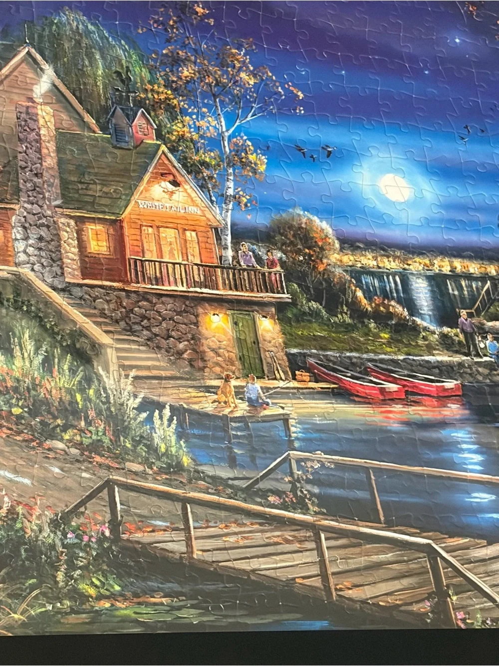 Framed Lakeside Cottage Wall Art - Night Scene